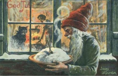 Lutin Scandinave tenant une assiette de julgrot à la fenêtre 