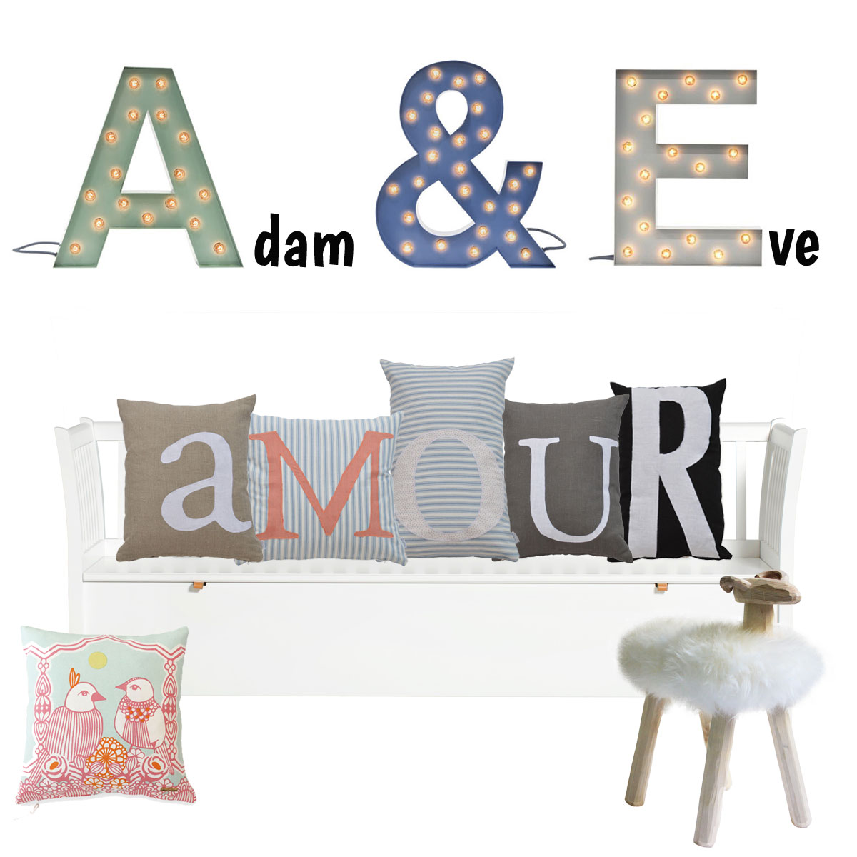 applique design scandinave, coussin alphabet, tabouret mouton